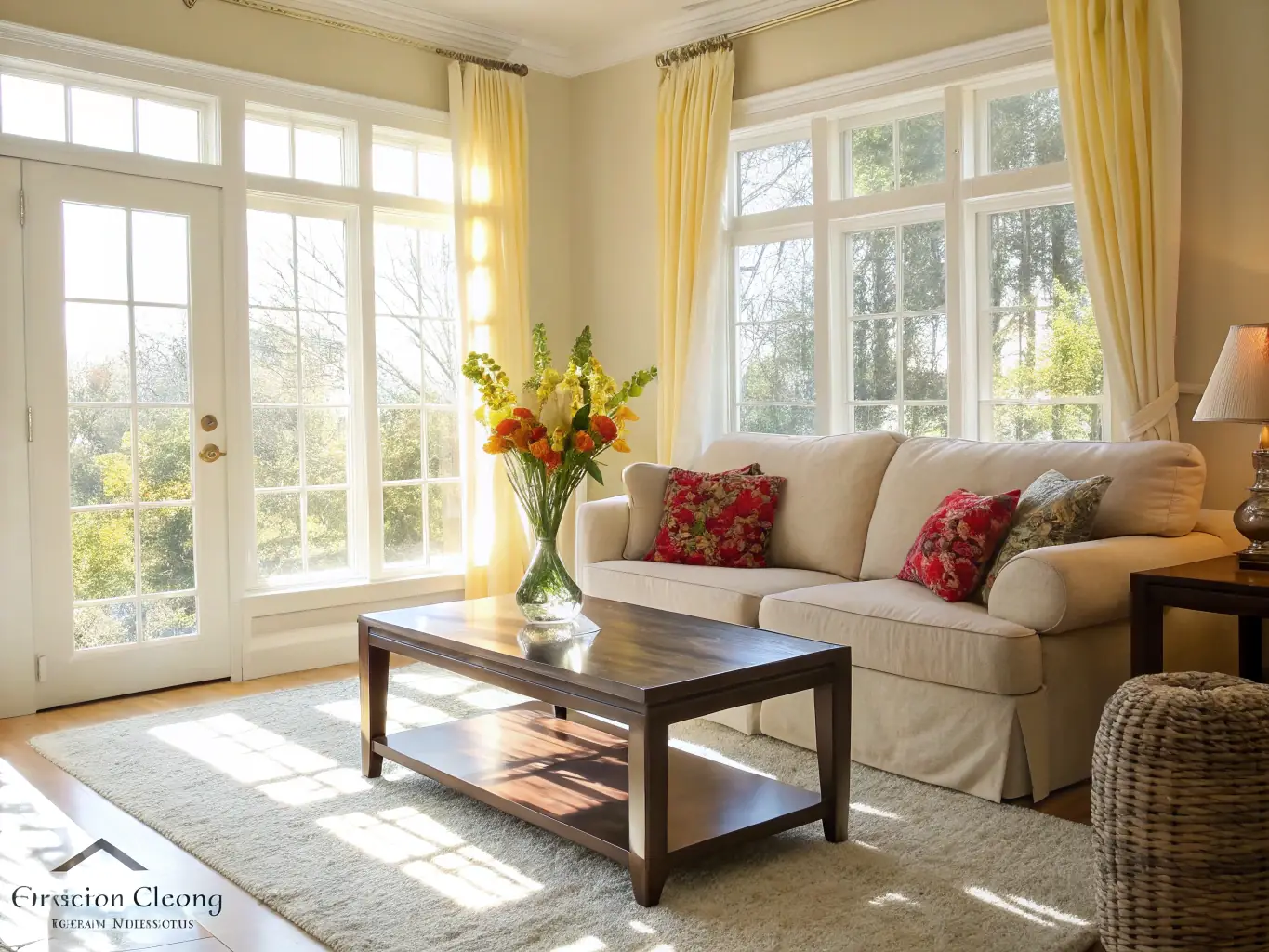 A bright and airy living room, freshly cleaned, with sunlight streaming through the windows, showcasing the results of a regular cleaning service.