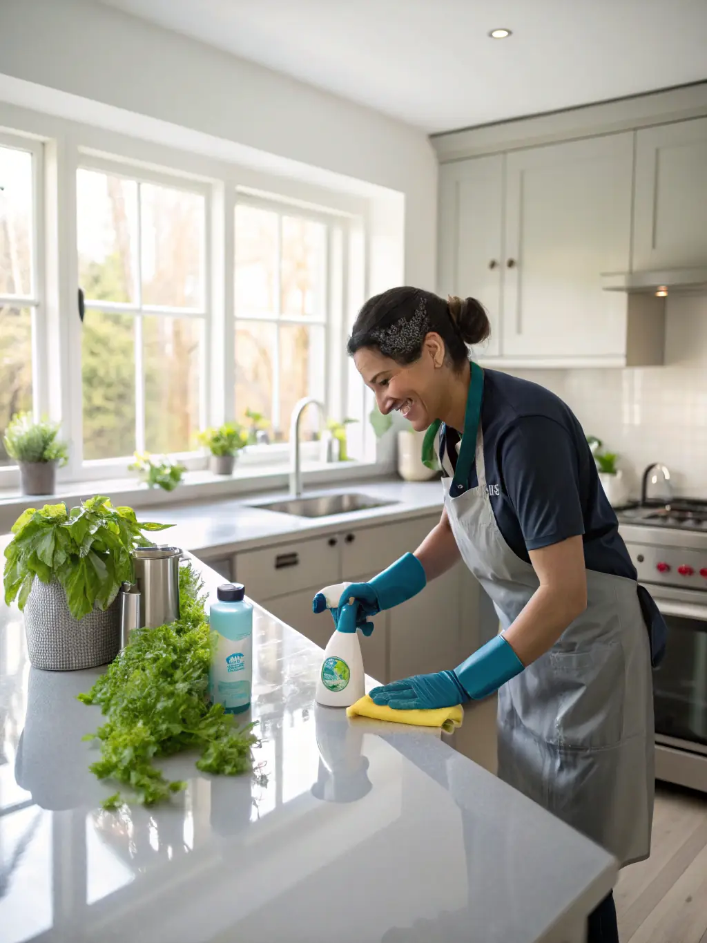 A professional cleaner using eco-friendly cleaning products in a modern kitchen, emphasizing Pristine Fresh Clean's commitment to sustainability.