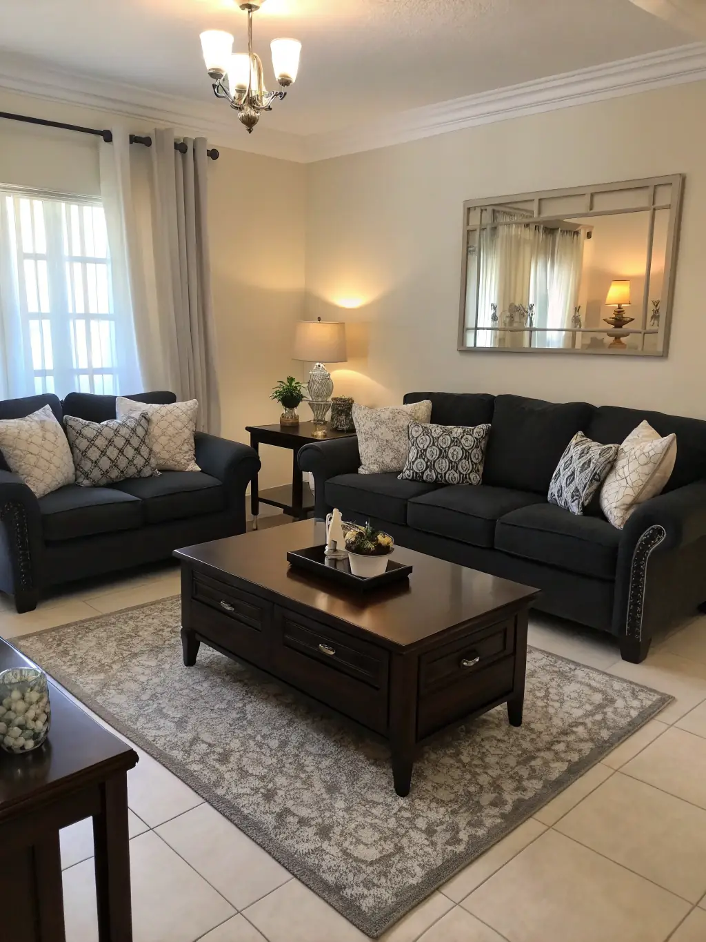 A brightly lit living room after a standard cleaning service, showcasing a spotless coffee table, neatly arranged cushions, and gleaming hardwood floors.